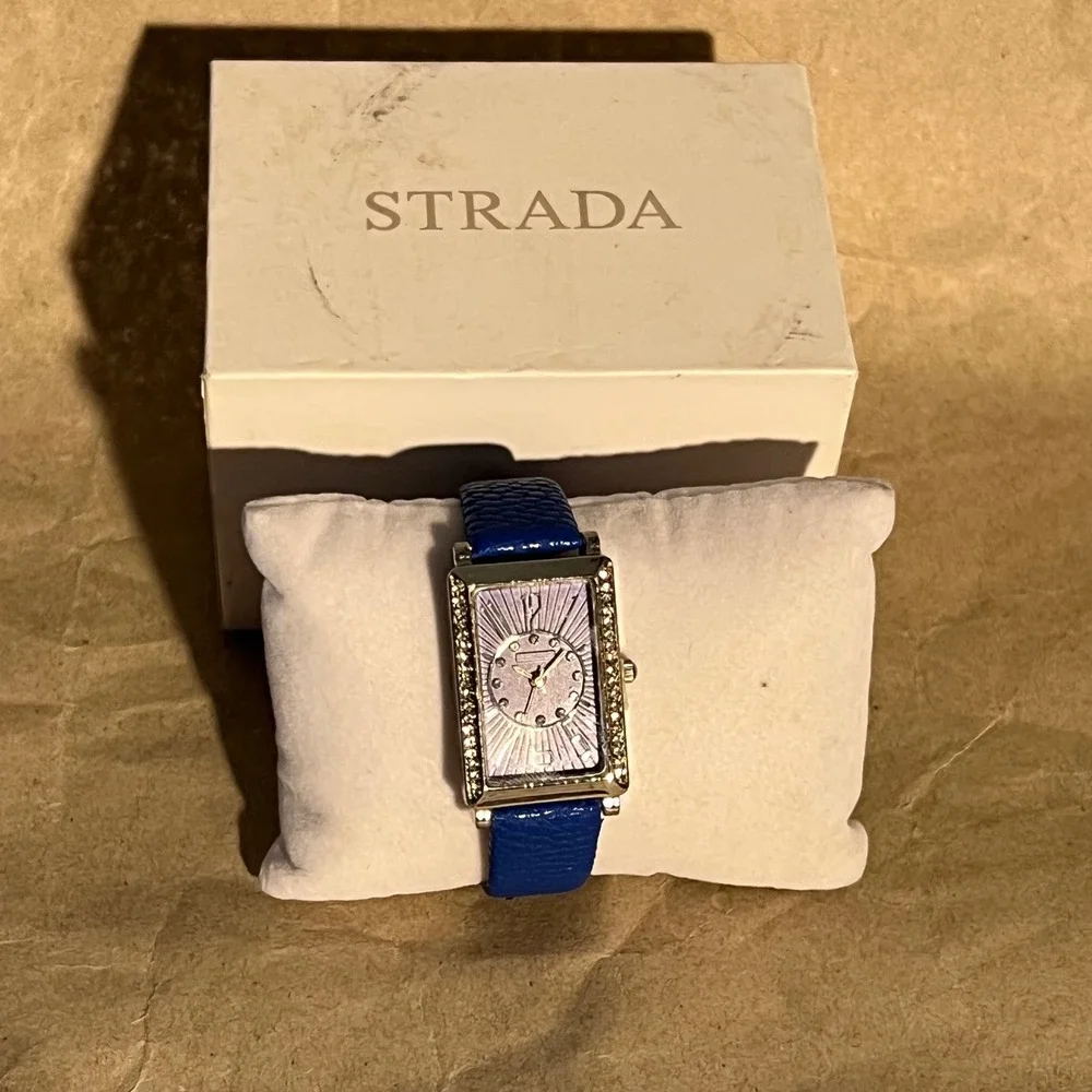Strada Rectangular Watch Blue Purple Silver Tone Crystal Accents‎ with Box